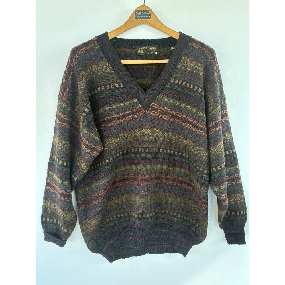 VTG Artesanias Joel Peruvian Baby Alpaca Brown Striped Sweater Mens‎ Large